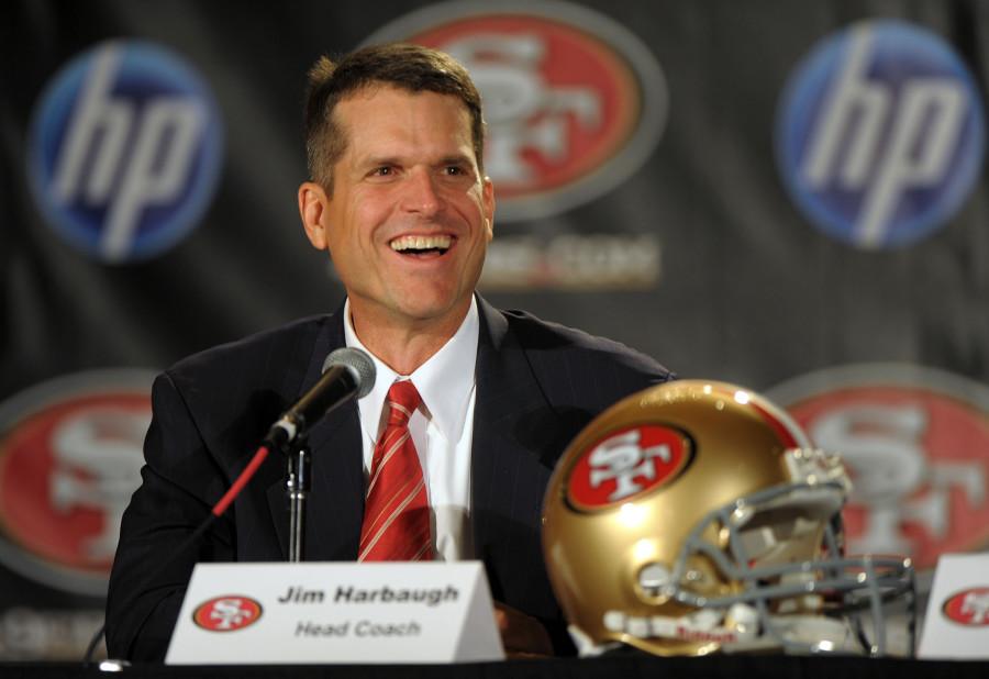 Ex-Stanford and new San Francisco 49ers’ head coach Jim Harbaugh is all smiles at his introductory press conference. Niners fans and management hope Harbaugh will bring his winning ways to a 49er team that disappointed in the 2010-11 regular season. He is seen pictured here during his introduction as the new head coach during a press conference at the Sheraton Palace Hotel in San Francisco on Jan. 7, 2011.