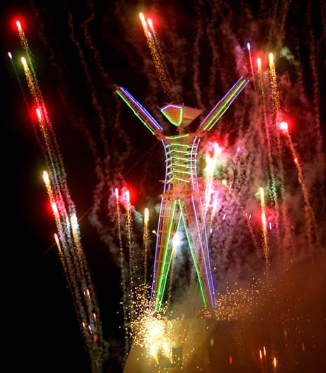 The 60-foot tall effigy of a man sees a barrage of fireworks explode into the air before itself being engulfed in a raging fire that is the culmination of a week of art, creativity and freedom for the 25,000 people who gathered in the desert in Black Rock City, Nevada to participate in the Burning Man event.