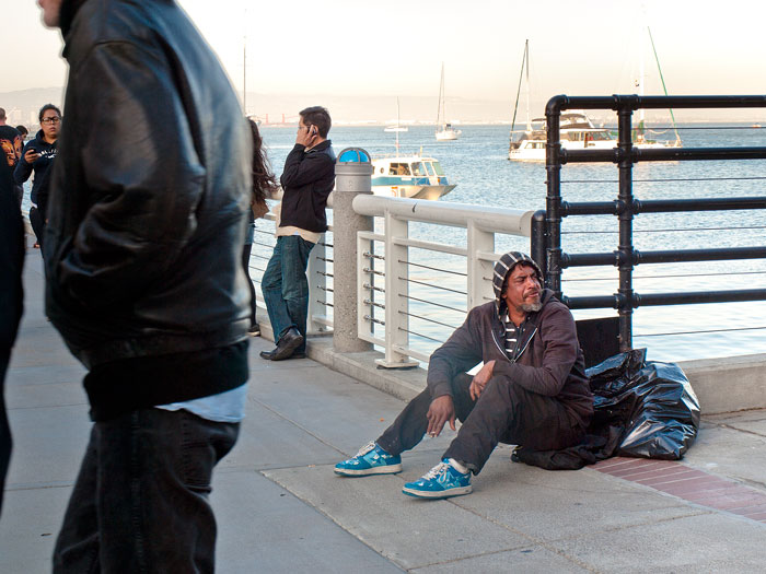 Homeless Gulf War veteran Joe “Cooker” Jones
sitting outside AT&T Park in San Francisco, a site he
says he frequents often.