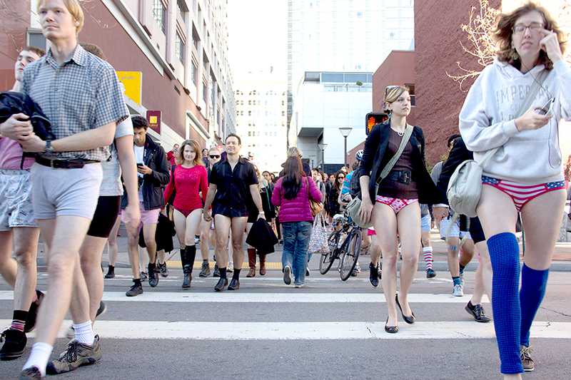 Participants of Improv Everywhere’s No Pants Subway Ride spread to the streets of San Francisco last Sunday.