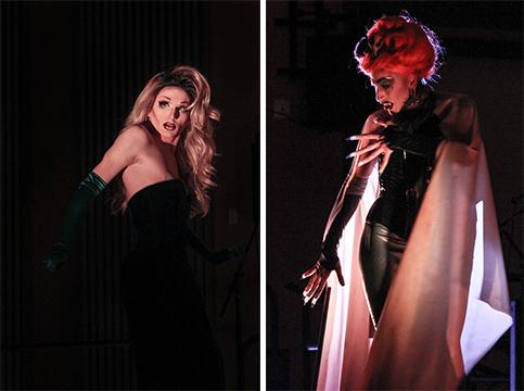 [Left] Laundra Tyme, host of this years drag show, opens with a Taylor Swift number in the multipurpose room of the new university union Tuesday evening. [Right] Johnny Rockitt dazzles with a theatrical performance.