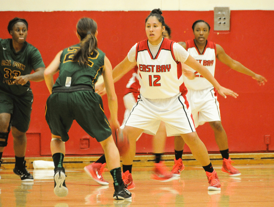 Senior CSUEB guard Stephanie Lopez and junior forward Tori Breshers play defense at Pioneer Gymnasium last month.