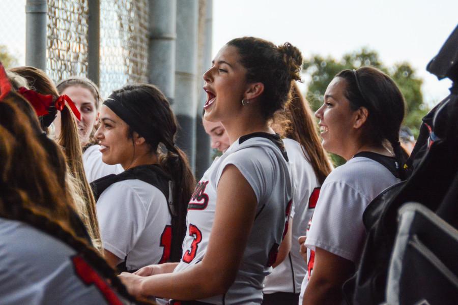 Junior outfielder Lauren Vestal yells for her teammate at the Pioneer Softball Field in Hayward last week.
