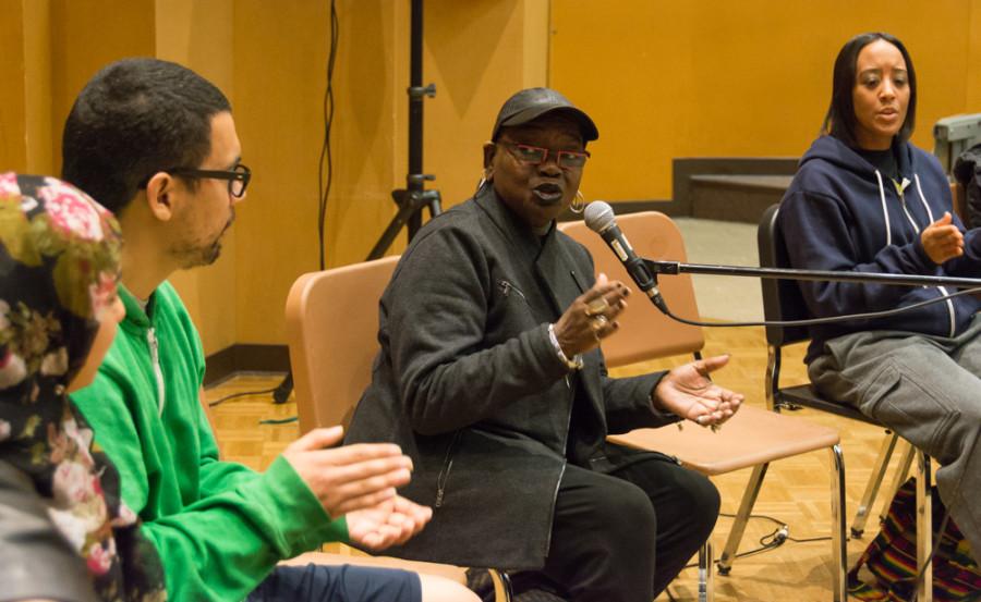 Ysaye Barnwell, former member of the performance ensemble group, Sweet Honey On The Rock, shows audience members how to keep a rhythm on Tuesday in the Music Building on the Hayward campus.