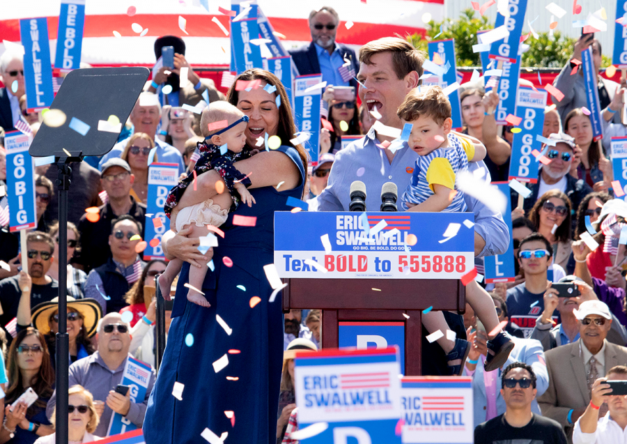 +Eric+Swalwell+and+his+wife+Brittney+celebrate+with+their+kids+Nelson+2+and+Crickett+5+months+during+his+hometown+rally.