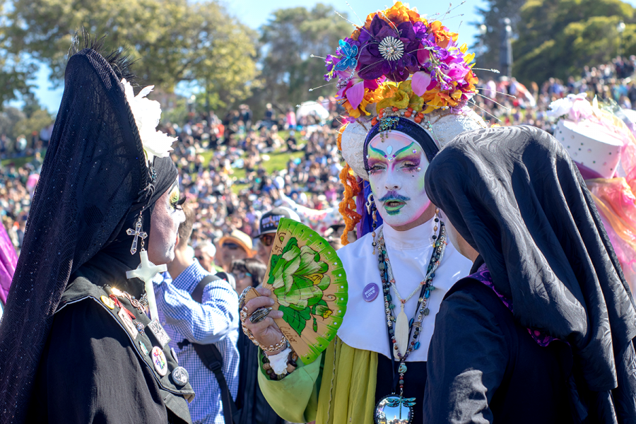 On April 21, 2019, at Dolores Park, San Francisco, CA. the Sisters of Perpetual Indulgence event takes place where several sister gather in conversation.