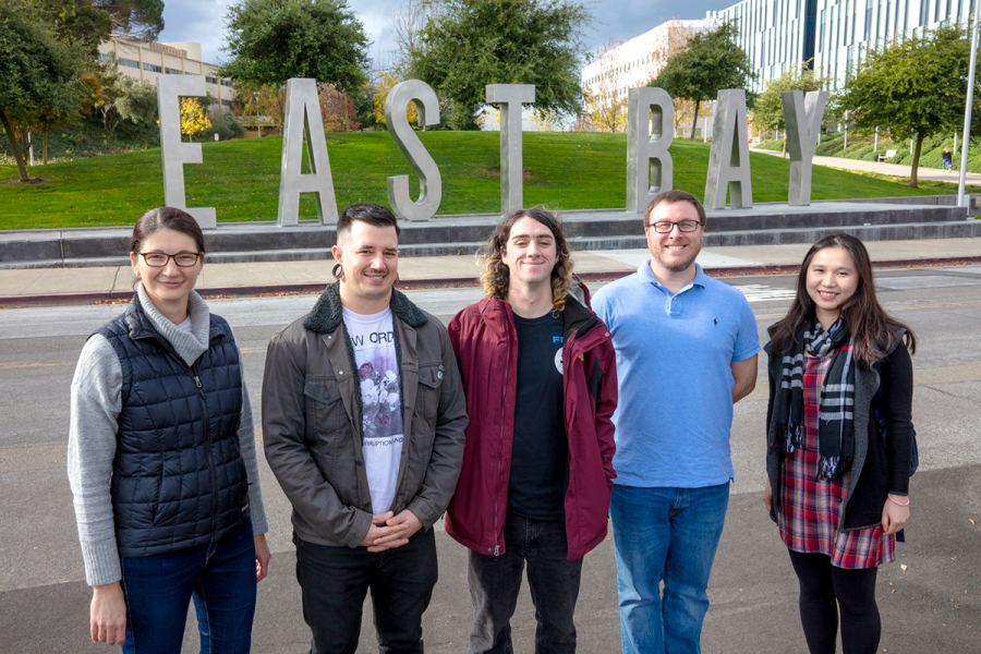 Professor Ruth Tinnachr and her group of evironmental geochemistry students at Cal State East Bay. From the Left to Right: Professor Ruth Tinnacher, Jonathan Pistorino, Nick Hall, Allen Shaw, and Diem Quynh La.