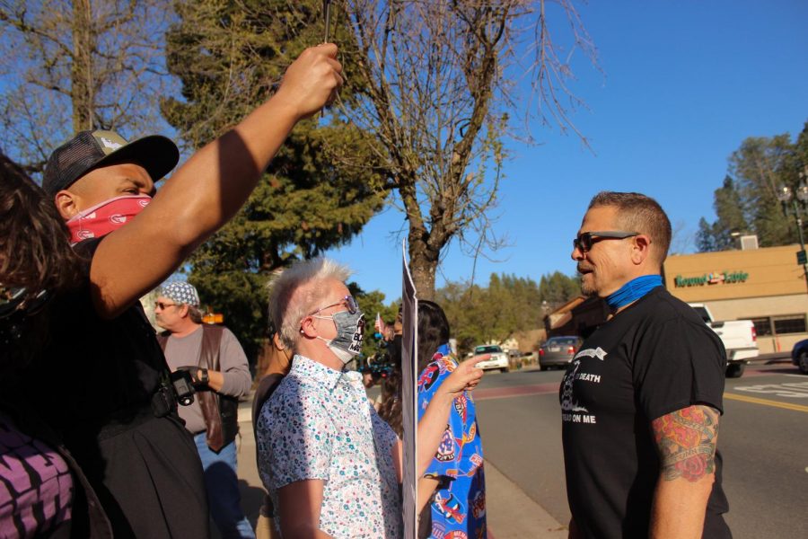 Affiliate with the Proud Boys, the man comes to the forefront of the protest line to accuse protesters of terrorism, and sowing division in El Dorado County. 