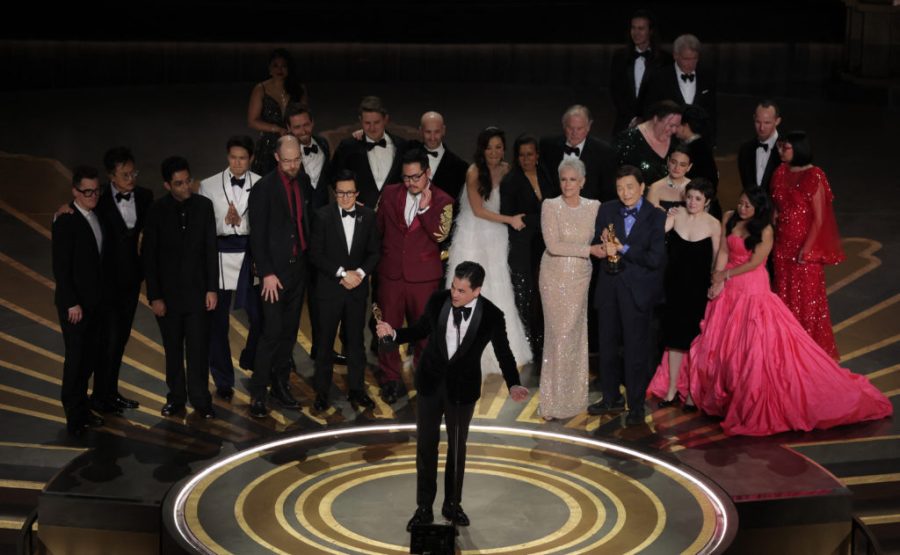Daniel Kwan, Daniel Scheinert and Jonathan Wang win the Oscar for Best Picture for Everything Everywhere All at Once during the Oscars show at the 95th Academy Awards in Hollywood, Los Angeles, California, U.S., March 12, 2023. REUTERS/Carlos Barria