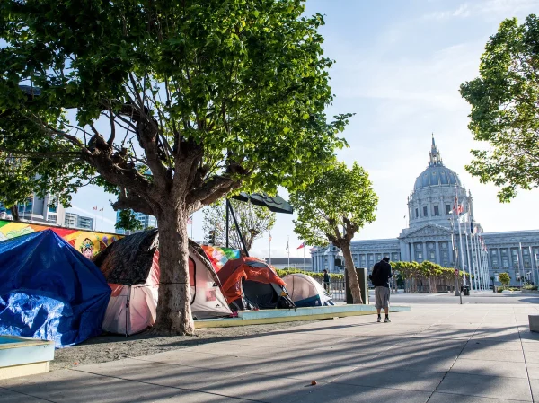 Homeless tents along Fulton Street near San Francisco City Hall (Photo Courtesy: Beth LaBerge/KQED)