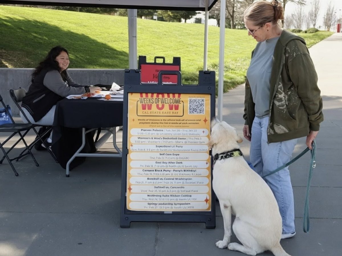 Isabela Saavedra (left), a student staff member from Cal State East Bay’s Perry’s Nest, tabling to promote the university’s  Weeks of Welcome events. (January 27, 2026)