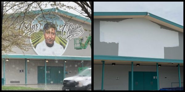 A mural of Cesar Chavez at Cesar Chavez Middle School in Hayward, completed in 2024 and since painted over. (Left photo by Tammy Tafoya/Facebook)