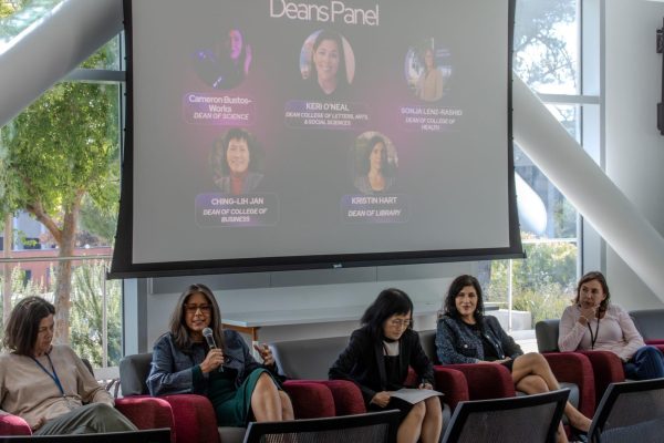 (From left to right) Dean of Library Kristin Hart, Dean of Health Sonjia Lenz-Rashid (speaking), former Dean of Business Ching-Lih Jan, Dean of Science Carmen Bustos-Works, and Dean of Letters, Arts, and Social Sciences Keri O'Neal, and an event panelist address attendees during Innovation Festival.